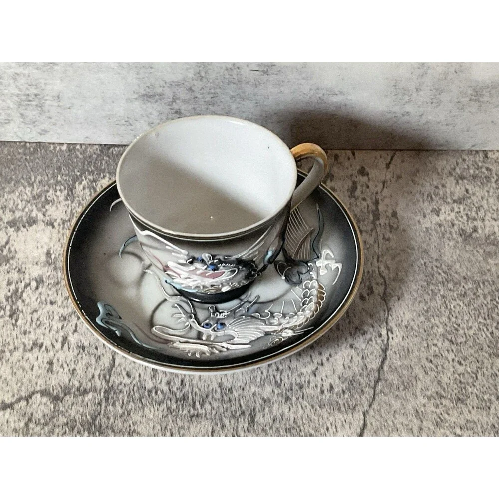Antique Bone Moriage Raise Oriental Dragon Ware Decorative Espresso Cup & Saucer